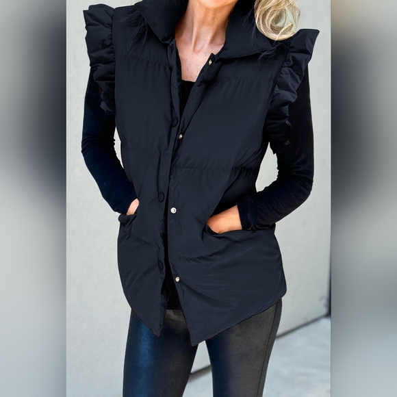 Women's Black Ruffled Snap Down Mock Neck Warm Puffy Vest Coat SALE 20% OFF - Picture 3 of 4